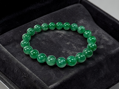 Certified Japanese Vivid Imperial Green Burmese A-Jade Beaded Bracelet (MADE IN JAPAN) (9.50 mm Each x 21 beads) 05050