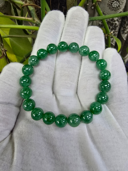 Certified Japanese Vivid Imperial Green Burmese A-Jade Beaded Bracelet (MADE IN JAPAN) (9.50 mm Each x 21 beads) 05050