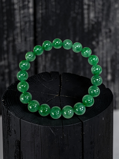 Certified Japanese Vivid Imperial Green Burmese A-Jade Beaded Bracelet (MADE IN JAPAN) (9.50 mm Each x 21 beads) 05050