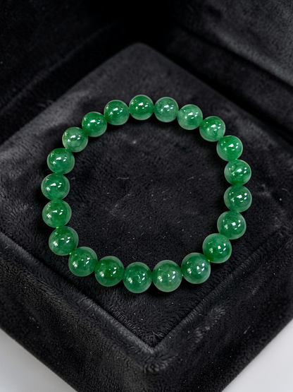 Certified Japanese Vivid Imperial Green Burmese A-Jade Beaded Bracelet (MADE IN JAPAN) (9.50 mm Each x 21 beads) 05050