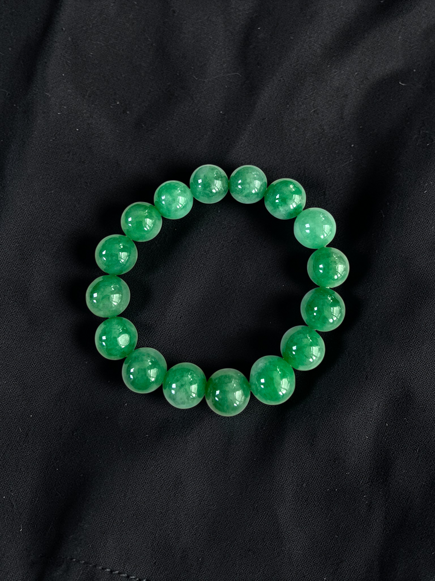 Certified Japanese Bright Green Burmese A-Jade Beaded Bracelet (MADE IN JAPAN) (12.50 - 13.00 mm Each x 16 beads) 05051