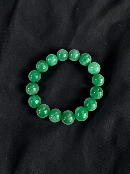 Certified Japanese Bright Green Burmese A-Jade Beaded Bracelet (MADE IN JAPAN) (12.50 - 13.00 mm Each x 16 beads) 05051