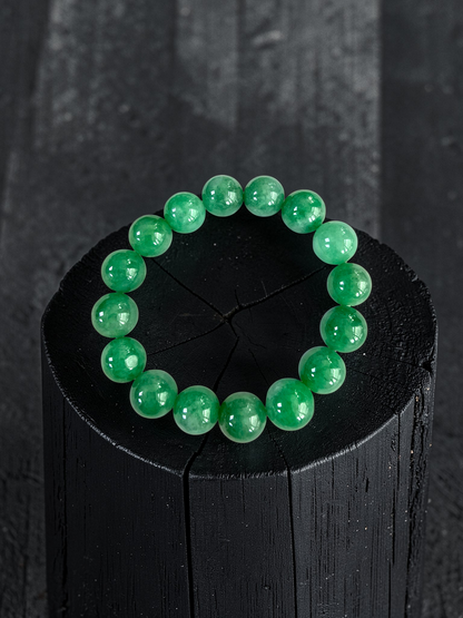 Certified Japanese Bright Green Burmese A-Jade Beaded Bracelet (MADE IN JAPAN) (12.50 - 13.00 mm Each x 16 beads) 05051