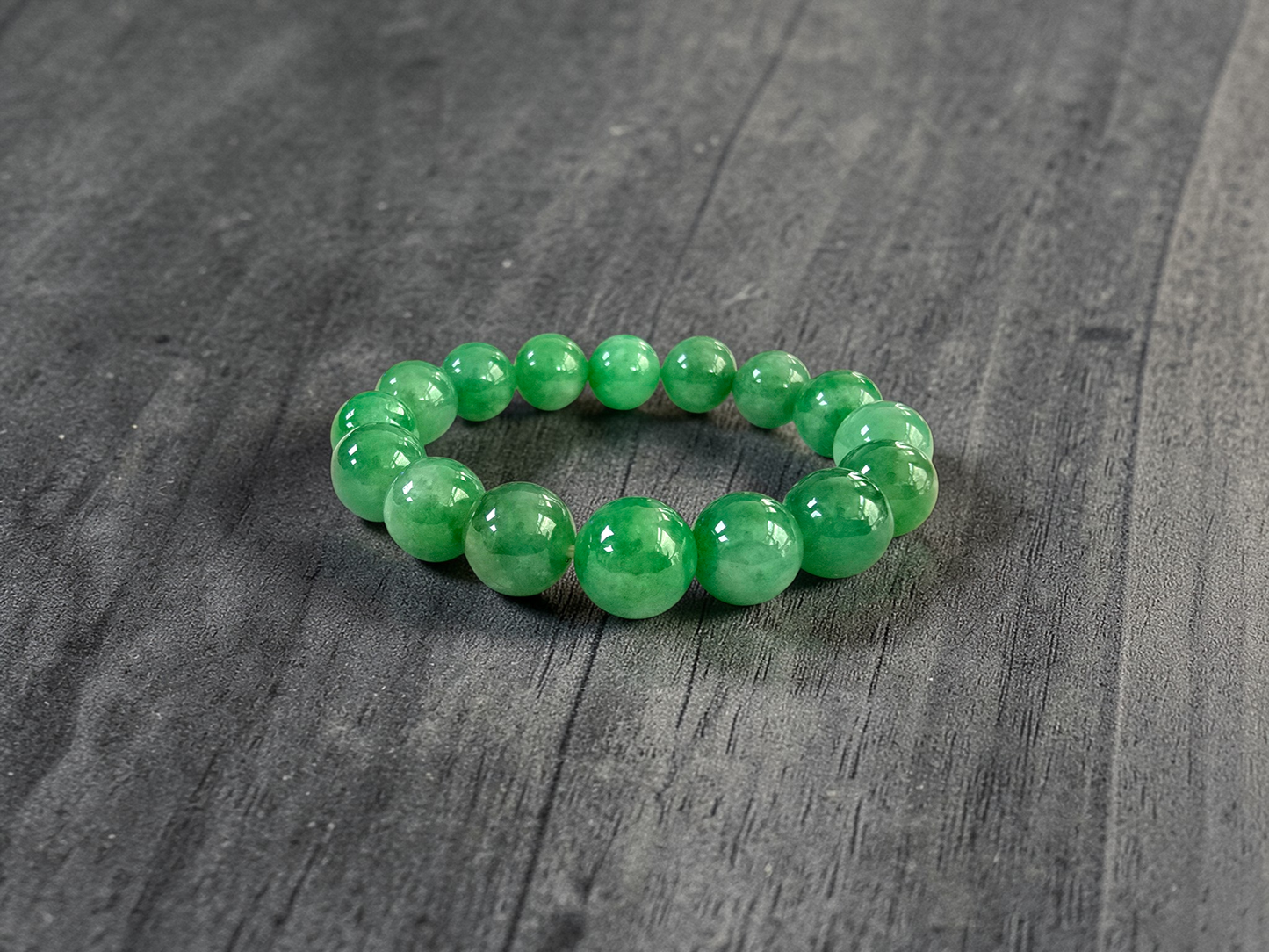 Certified Japanese Bright Green Burmese A-Jade Beaded Bracelet (MADE IN JAPAN) (12.50 - 13.00 mm Each x 16 beads) 05051