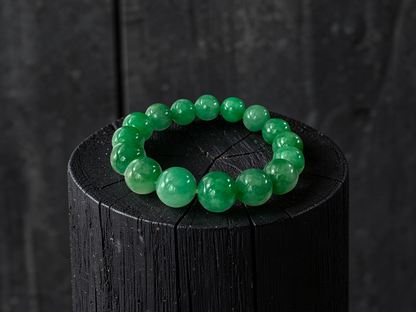 Certified Japanese Bright Green Burmese A-Jade Beaded Bracelet (MADE IN JAPAN) (12.50 - 13.00 mm Each x 16 beads) 05051