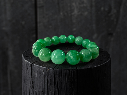 Certified Japanese Bright Green Burmese A-Jade Beaded Bracelet (MADE IN JAPAN) (12.50 - 13.00 mm Each x 16 beads) 05051