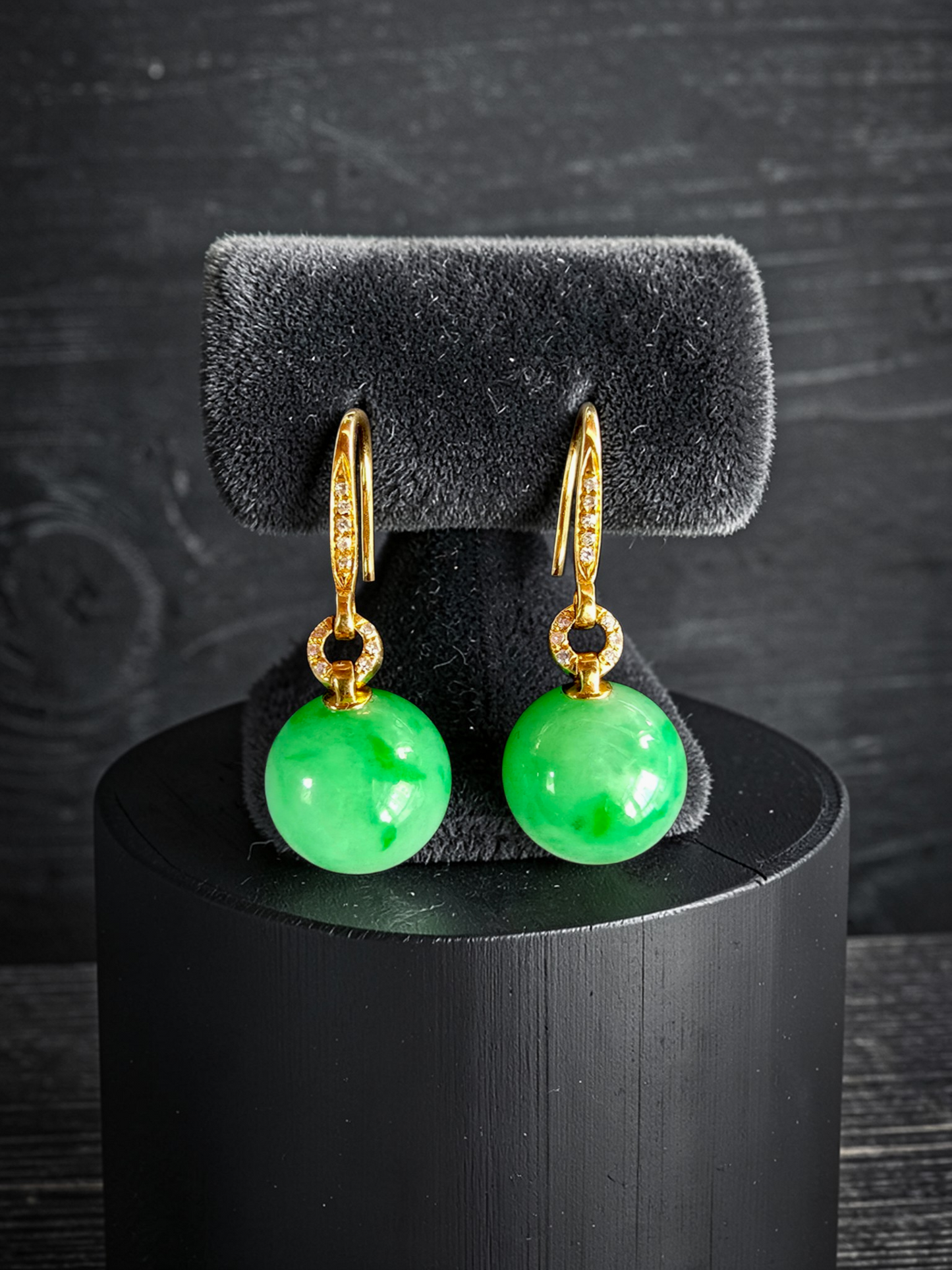 Komaki 10.50 mm Dangling Beads Vivid Green Burmese A-Jade French Hook Earrings (with 18K Yellow Gold and White Diamonds) - Certified
