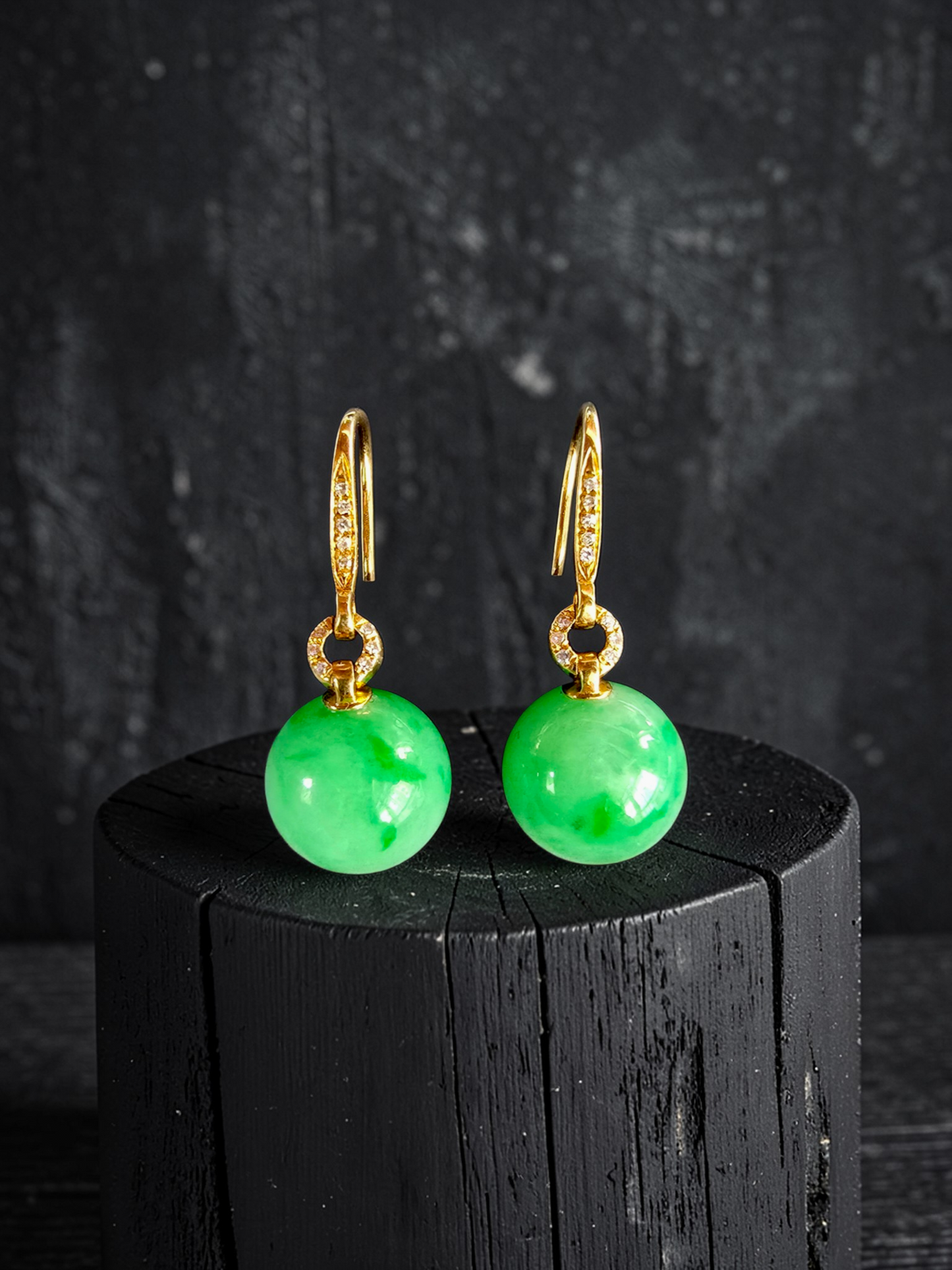 Komaki 10.50 mm Dangling Beads Vivid Green Burmese A-Jade French Hook Earrings (with 18K Yellow Gold and White Diamonds) - Certified