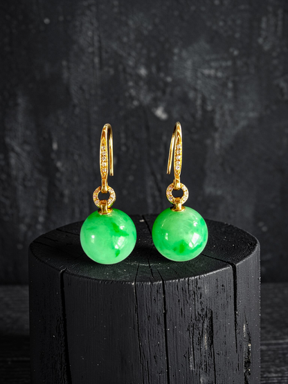Komaki 10.50 mm Dangling Beads Vivid Green Burmese A-Jade French Hook Earrings (with 18K Yellow Gold and White Diamonds) - Certified