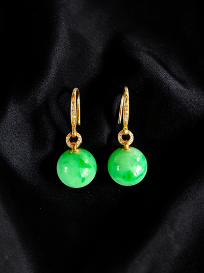 Komaki 10.50 mm Dangling Beads Vivid Green Burmese A-Jade French Hook Earrings (with 18K Yellow Gold and White Diamonds) - Certified