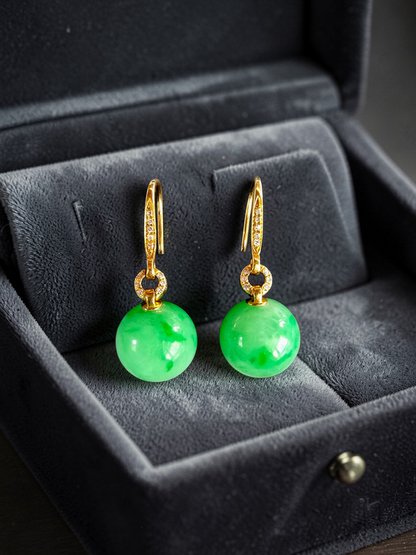 Komaki 10.50 mm Dangling Beads Vivid Green Burmese A-Jade French Hook Earrings (with 18K Yellow Gold and White Diamonds) - Certified