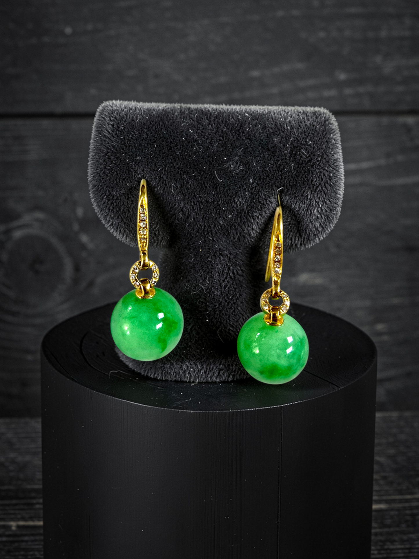 Komaki 10.50 mm Dangling Beads Vivid Green Burmese A-Jade French Hook Earrings (with 18K Yellow Gold and White Diamonds) - Certified