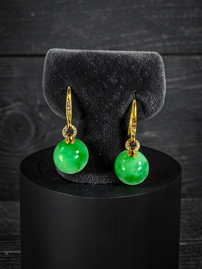 Komaki 10.50 mm Dangling Beads Vivid Green Burmese A-Jade French Hook Earrings (with 18K Yellow Gold and White Diamonds) - Certified