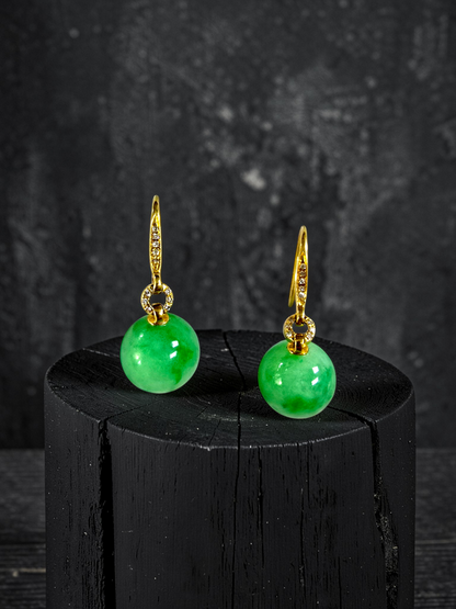 Komaki 10.50 mm Dangling Beads Vivid Green Burmese A-Jade French Hook Earrings (with 18K Yellow Gold and White Diamonds) - Certified