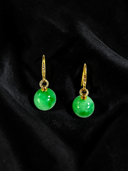 Komaki 10.50 mm Dangling Beads Vivid Green Burmese A-Jade French Hook Earrings (with 18K Yellow Gold and White Diamonds) - Certified