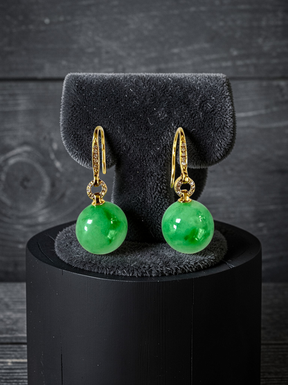 Komaki 10.50 mm Dangling Beads Vivid Green Burmese A-Jade French Hook Earrings (with 18K Yellow Gold and White Diamonds) - Certified