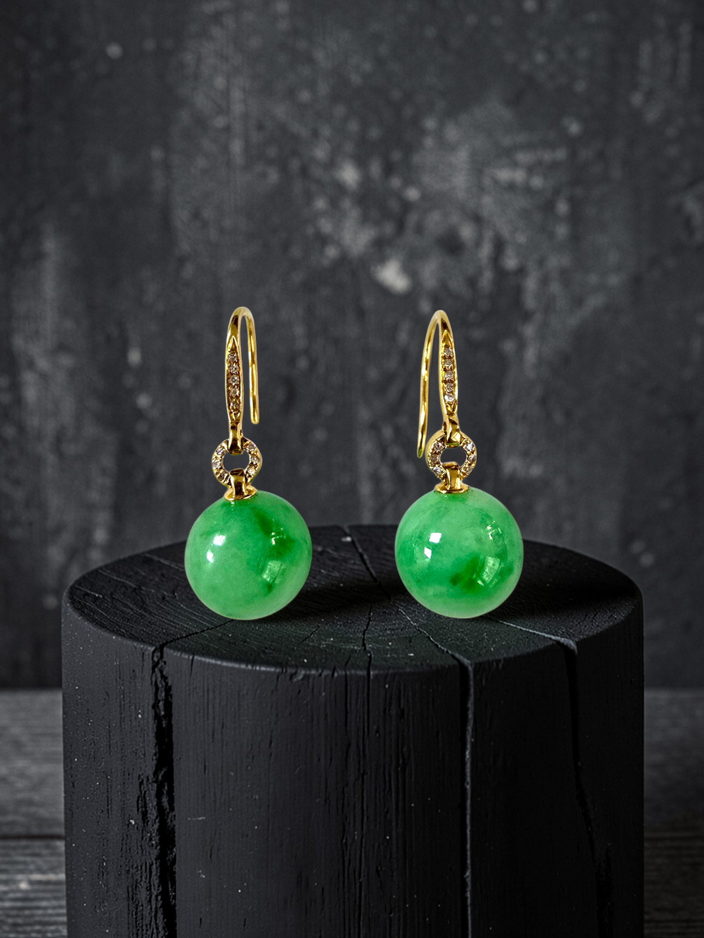 Komaki 10.50 mm Dangling Beads Vivid Green Burmese A-Jade French Hook Earrings (with 18K Yellow Gold and White Diamonds) - Certified