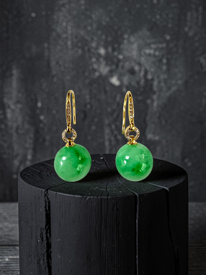 Komaki 10.50 mm Dangling Beads Vivid Green Burmese A-Jade French Hook Earrings (with 18K Yellow Gold and White Diamonds) - Certified
