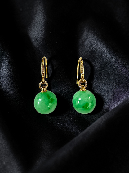 Komaki 10.50 mm Dangling Beads Vivid Green Burmese A-Jade French Hook Earrings (with 18K Yellow Gold and White Diamonds) - Certified