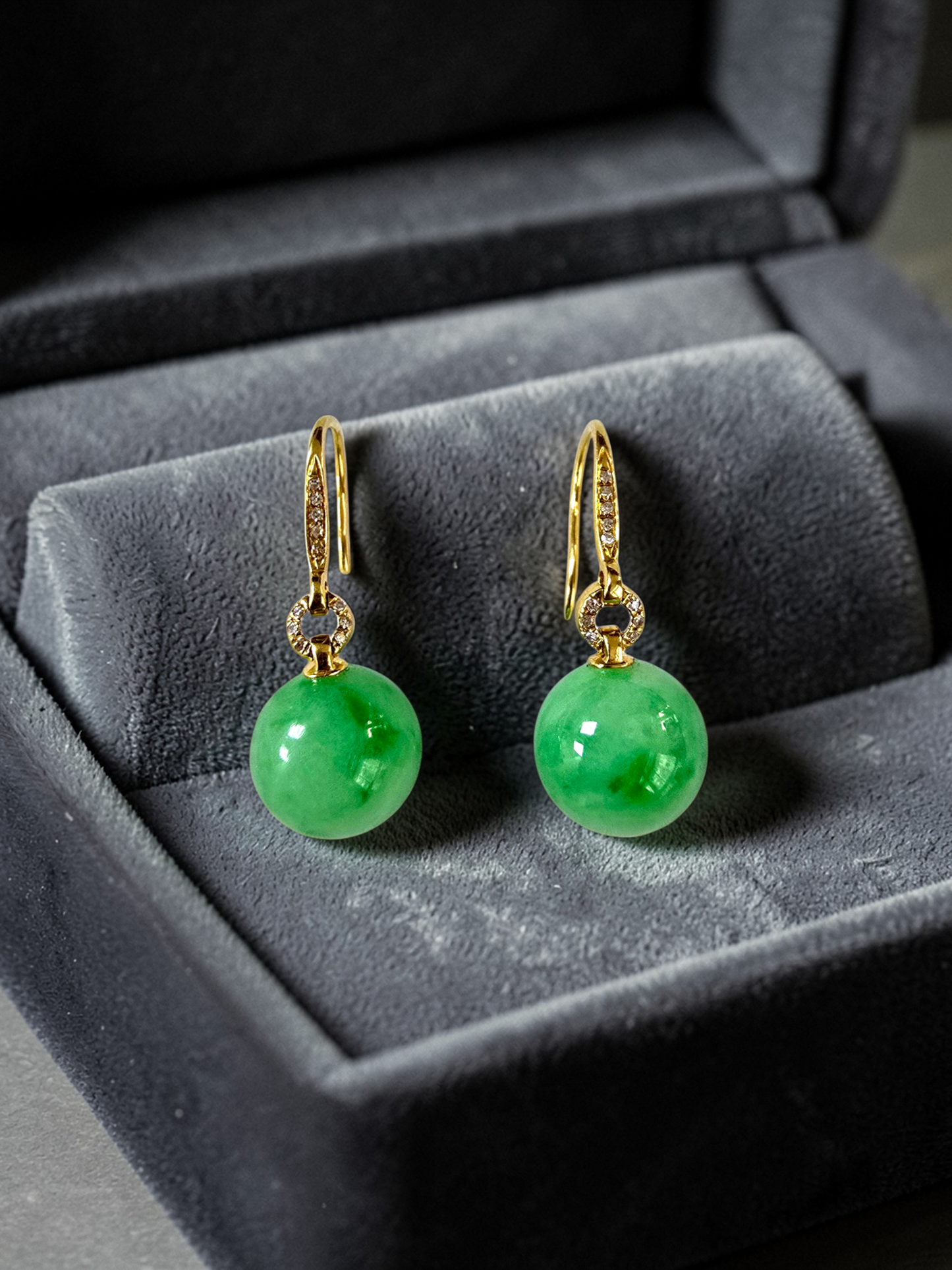 Komaki 10.50 mm Dangling Beads Vivid Green Burmese A-Jade French Hook Earrings (with 18K Yellow Gold and White Diamonds) - Certified