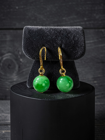 Komaki 10.50 mm Dangling Beads Vivid Green Burmese A-Jade French Hook Earrings (with 18K Yellow Gold and White Diamonds) - Certified