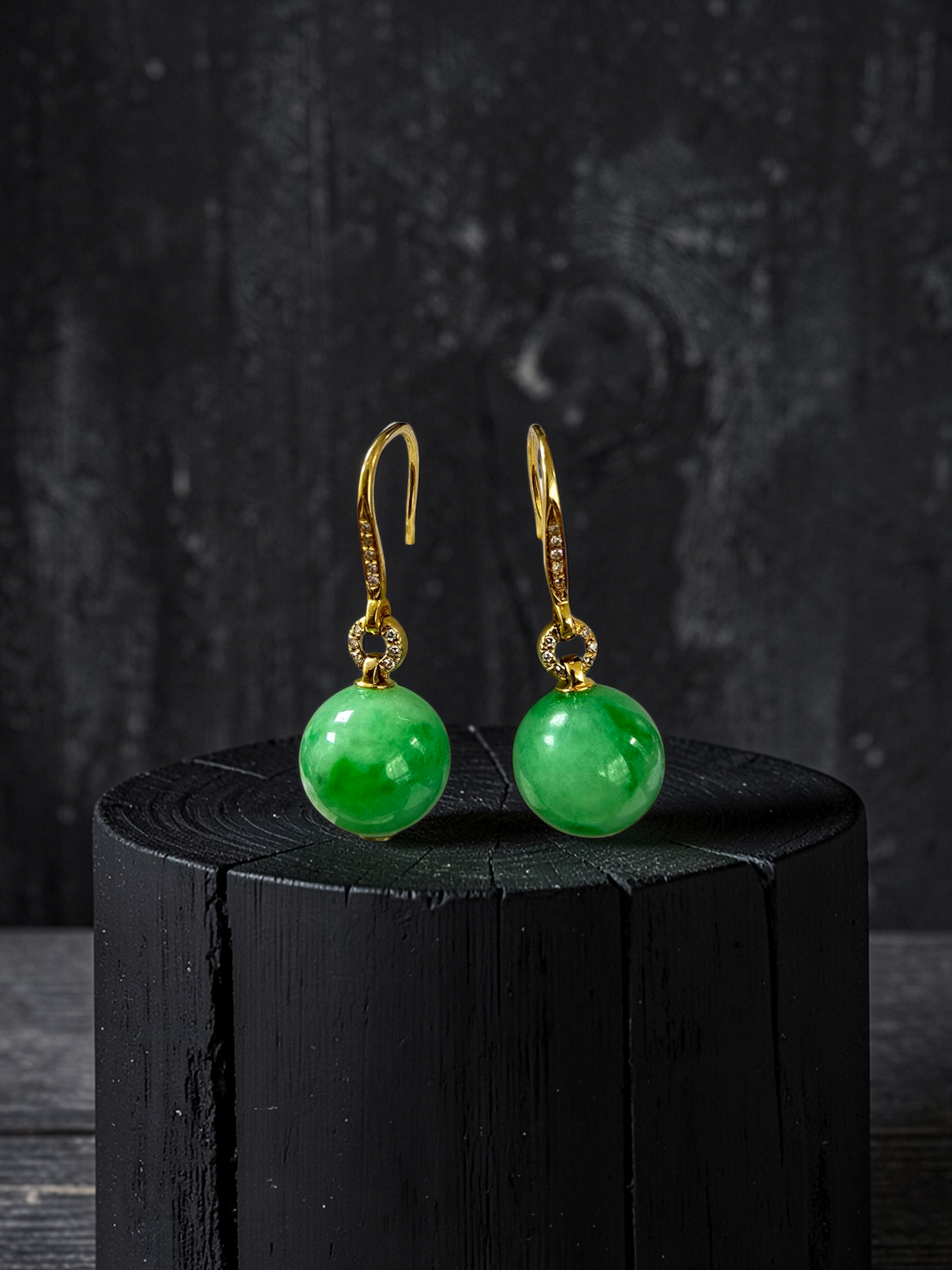 Komaki 10.50 mm Dangling Beads Vivid Green Burmese A-Jade French Hook Earrings (with 18K Yellow Gold and White Diamonds) - Certified