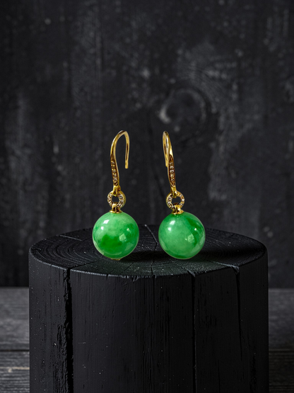 Komaki 10.50 mm Dangling Beads Vivid Green Burmese A-Jade French Hook Earrings (with 18K Yellow Gold and White Diamonds) - Certified