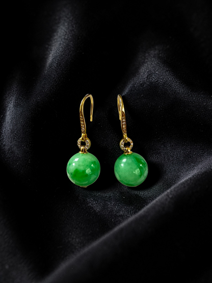 Komaki 10.50 mm Dangling Beads Vivid Green Burmese A-Jade French Hook Earrings (with 18K Yellow Gold and White Diamonds) - Certified