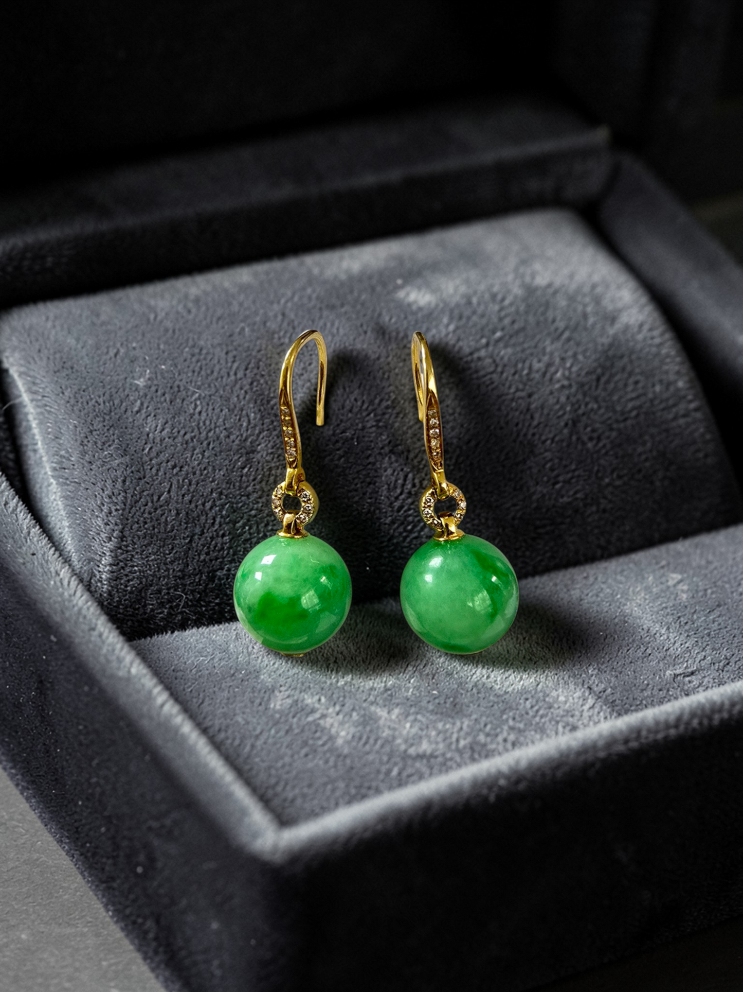 Komaki 10.50 mm Dangling Beads Vivid Green Burmese A-Jade French Hook Earrings (with 18K Yellow Gold and White Diamonds) - Certified