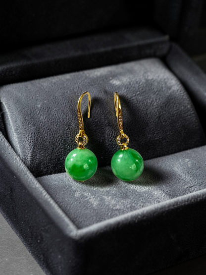 Komaki 10.50 mm Dangling Beads Vivid Green Burmese A-Jade French Hook Earrings (with 18K Yellow Gold and White Diamonds) - Certified