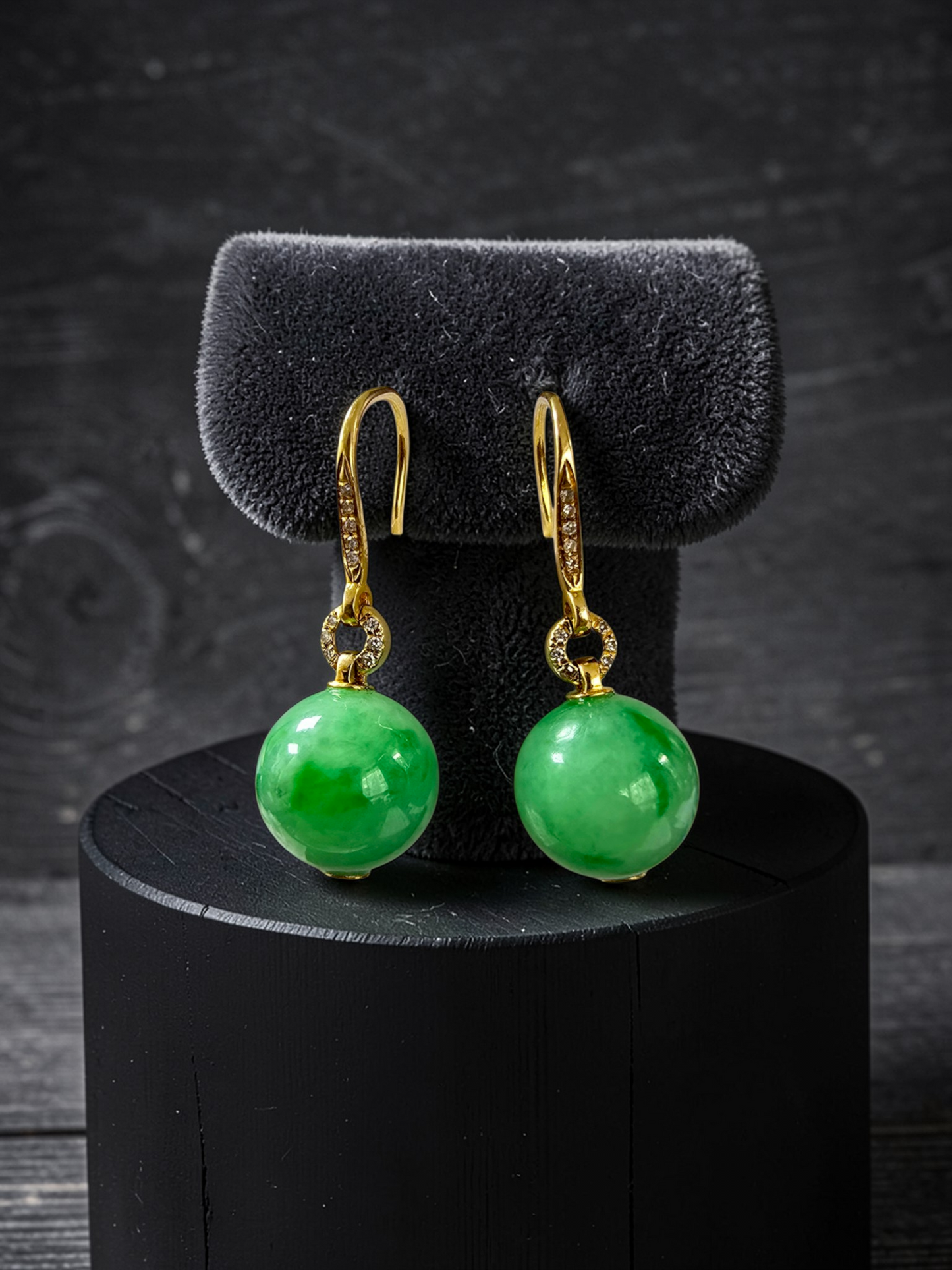 Komaki 10.50 mm Dangling Beads Vivid Green Burmese A-Jade French Hook Earrings (with 18K Yellow Gold and White Diamonds) - Certified
