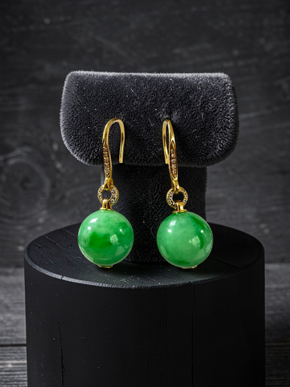 Komaki 10.50 mm Dangling Beads Vivid Green Burmese A-Jade French Hook Earrings (with 18K Yellow Gold and White Diamonds) - Certified