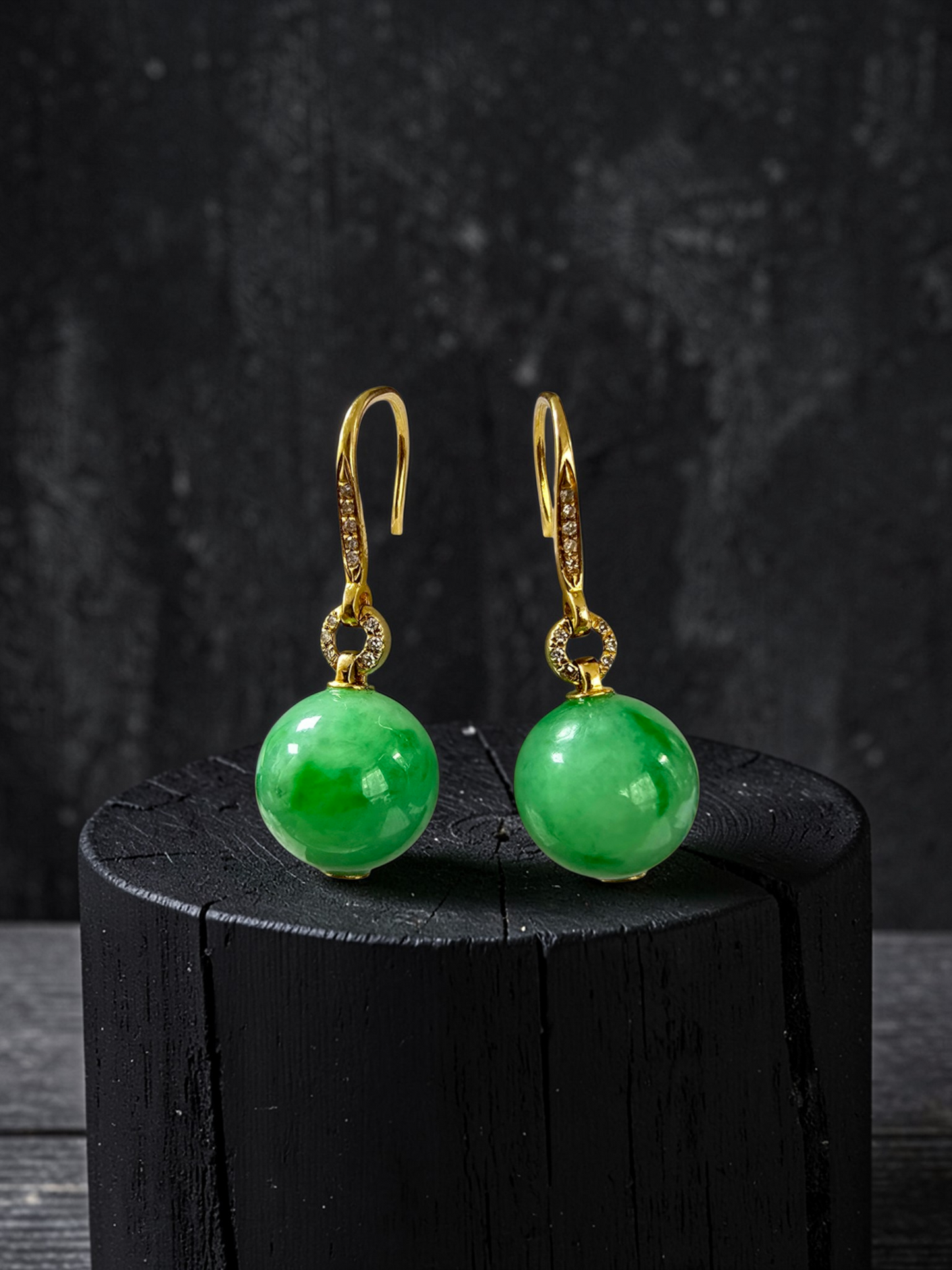 Komaki 10.50 mm Dangling Beads Vivid Green Burmese A-Jade French Hook Earrings (with 18K Yellow Gold and White Diamonds) - Certified