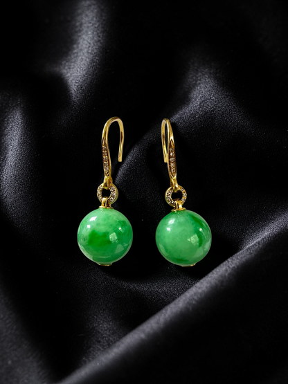 Komaki 10.50 mm Dangling Beads Vivid Green Burmese A-Jade French Hook Earrings (with 18K Yellow Gold and White Diamonds) - Certified