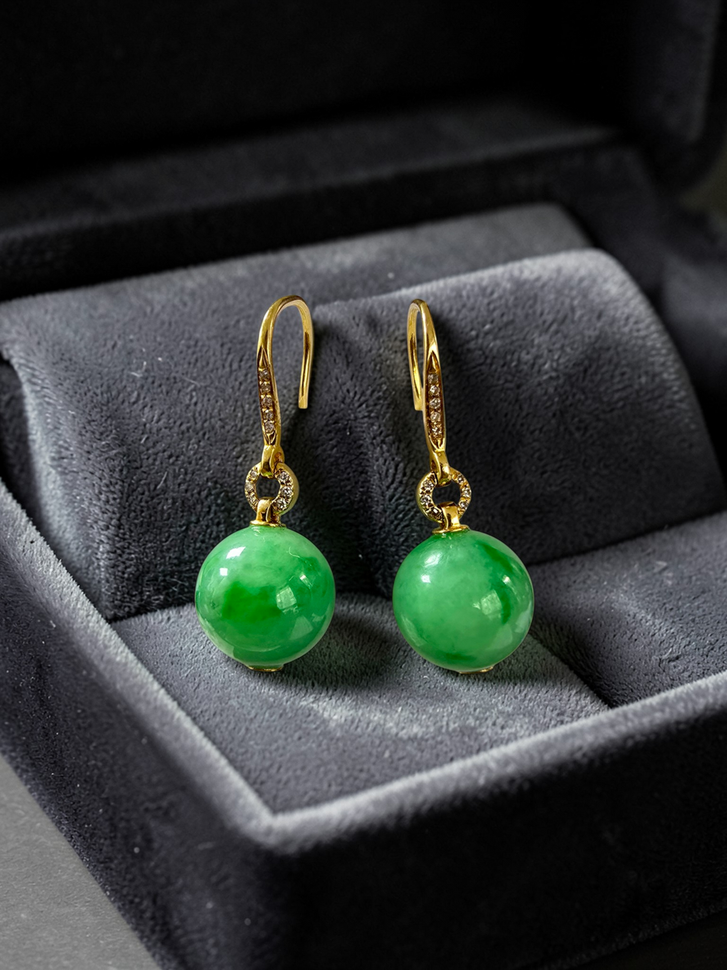 Komaki 10.50 mm Dangling Beads Vivid Green Burmese A-Jade French Hook Earrings (with 18K Yellow Gold and White Diamonds) - Certified