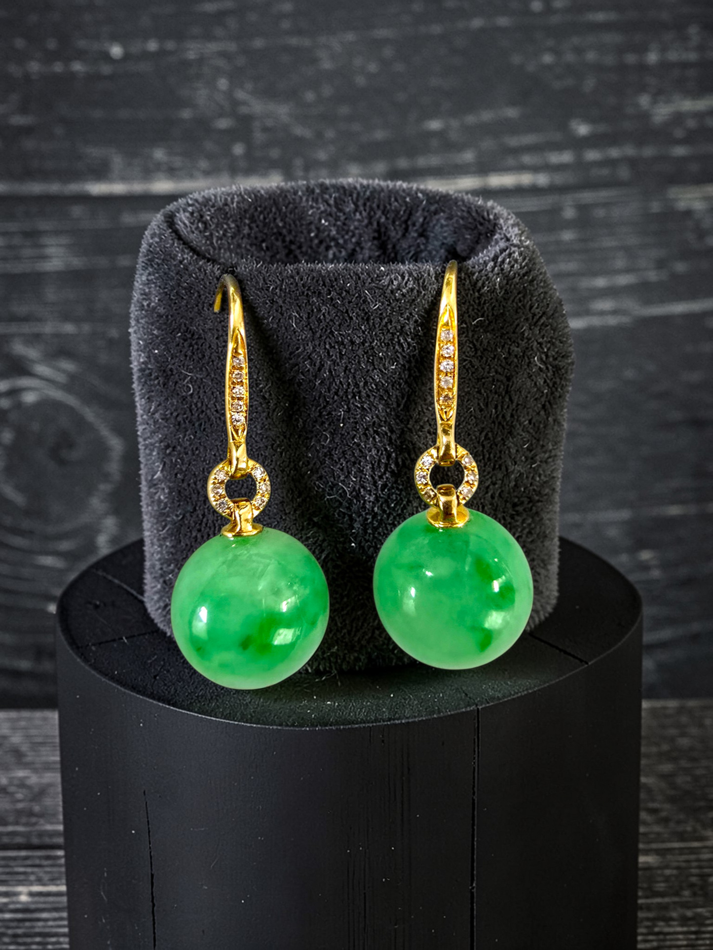 Komaki 10.50 mm Dangling Beads Vivid Green Burmese A-Jade French Hook Earrings (with 18K Yellow Gold and White Diamonds) - Certified