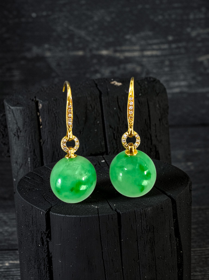 Komaki 10.50 mm Dangling Beads Vivid Green Burmese A-Jade French Hook Earrings (with 18K Yellow Gold and White Diamonds) - Certified