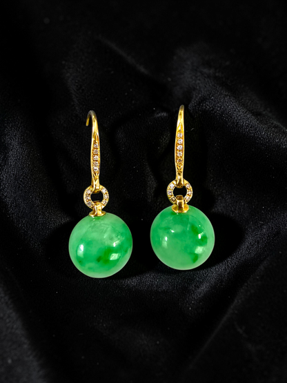 Komaki 10.50 mm Dangling Beads Vivid Green Burmese A-Jade French Hook Earrings (with 18K Yellow Gold and White Diamonds) - Certified