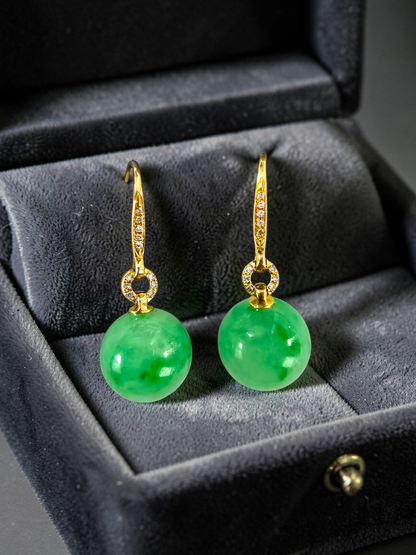 Komaki 10.50 mm Dangling Beads Vivid Green Burmese A-Jade French Hook Earrings (with 18K Yellow Gold and White Diamonds) - Certified