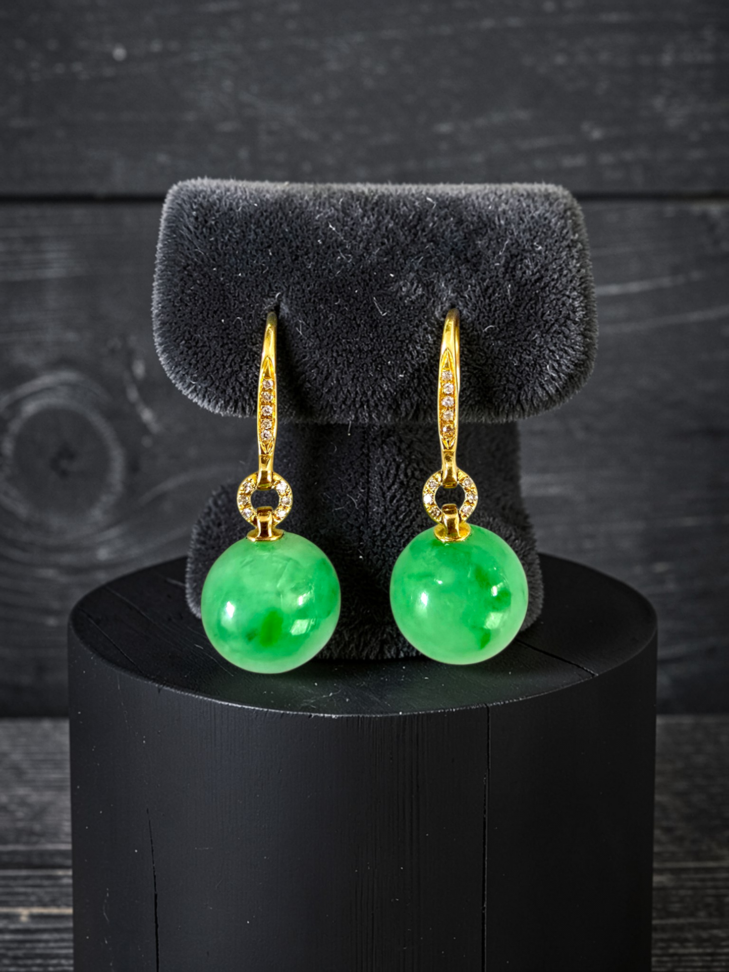 Komaki 10.50 mm Dangling Beads Vivid Green Burmese A-Jade French Hook Earrings (with 18K Yellow Gold and White Diamonds) - Certified