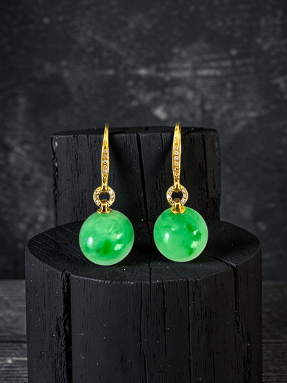 Komaki 10.50 mm Dangling Beads Vivid Green Burmese A-Jade French Hook Earrings (with 18K Yellow Gold and White Diamonds) - Certified
