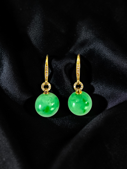 Komaki 10.50 mm Dangling Beads Vivid Green Burmese A-Jade French Hook Earrings (with 18K Yellow Gold and White Diamonds) - Certified