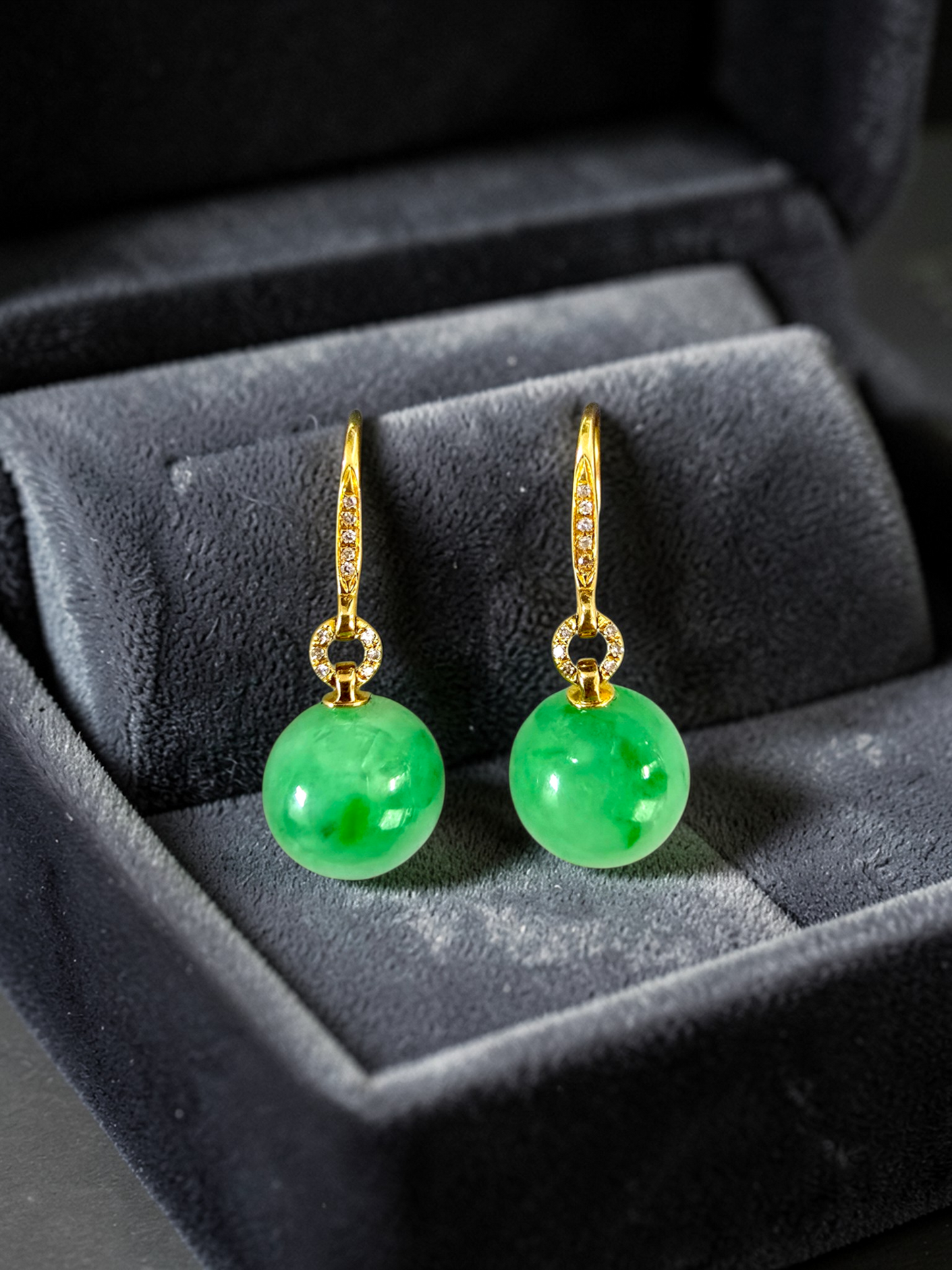 Komaki 10.50 mm Dangling Beads Vivid Green Burmese A-Jade French Hook Earrings (with 18K Yellow Gold and White Diamonds) - Certified