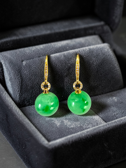 Komaki 10.50 mm Dangling Beads Vivid Green Burmese A-Jade French Hook Earrings (with 18K Yellow Gold and White Diamonds) - Certified