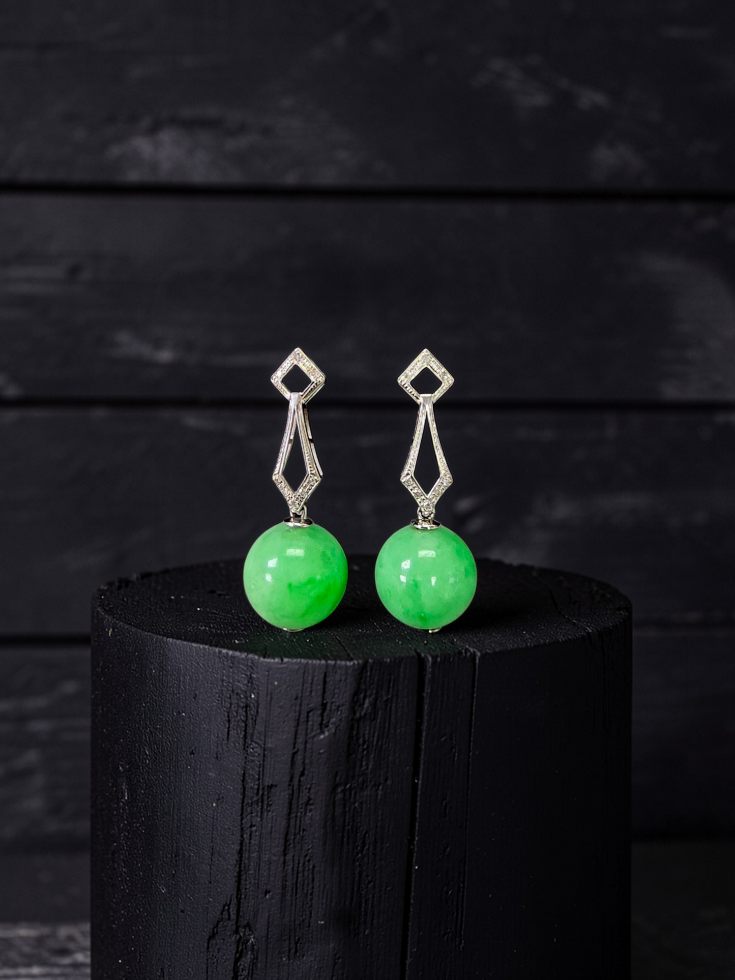 Inazawa 10 mm Dangling Beads Bright Green Burmese A-Jade Earrings (with 18K White Gold and White Diamonds) - Certified