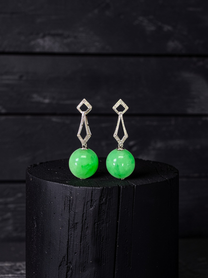Inazawa 10 mm Dangling Beads Bright Green Burmese A-Jade Earrings (with 18K White Gold and White Diamonds) - Certified
