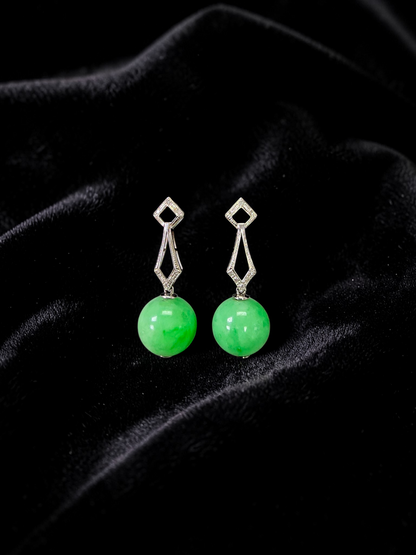 Inazawa 10 mm Dangling Beads Bright Green Burmese A-Jade Earrings (with 18K White Gold and White Diamonds) - Certified