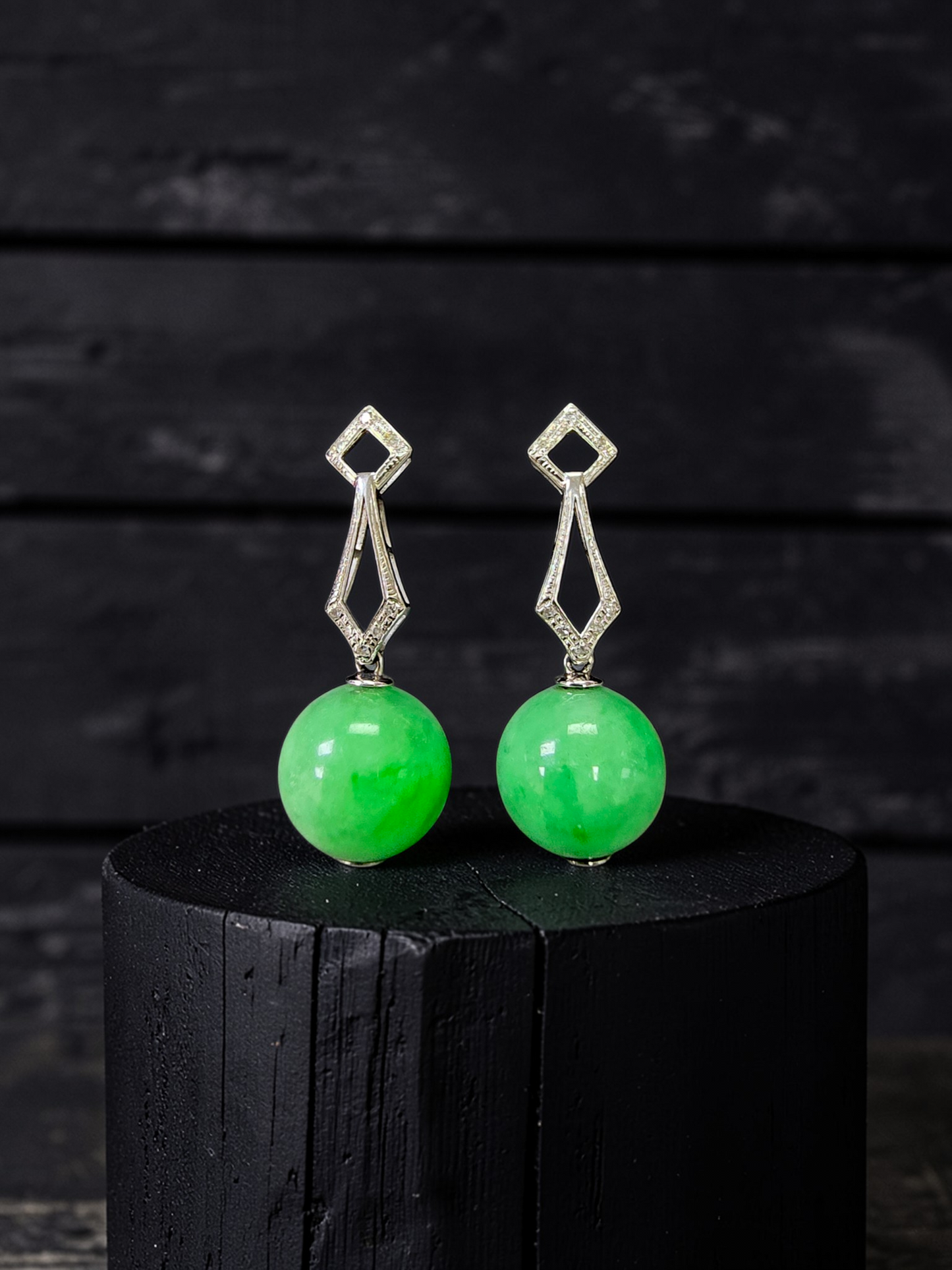 Inazawa 10 mm Dangling Beads Bright Green Burmese A-Jade Earrings (with 18K White Gold and White Diamonds) - Certified