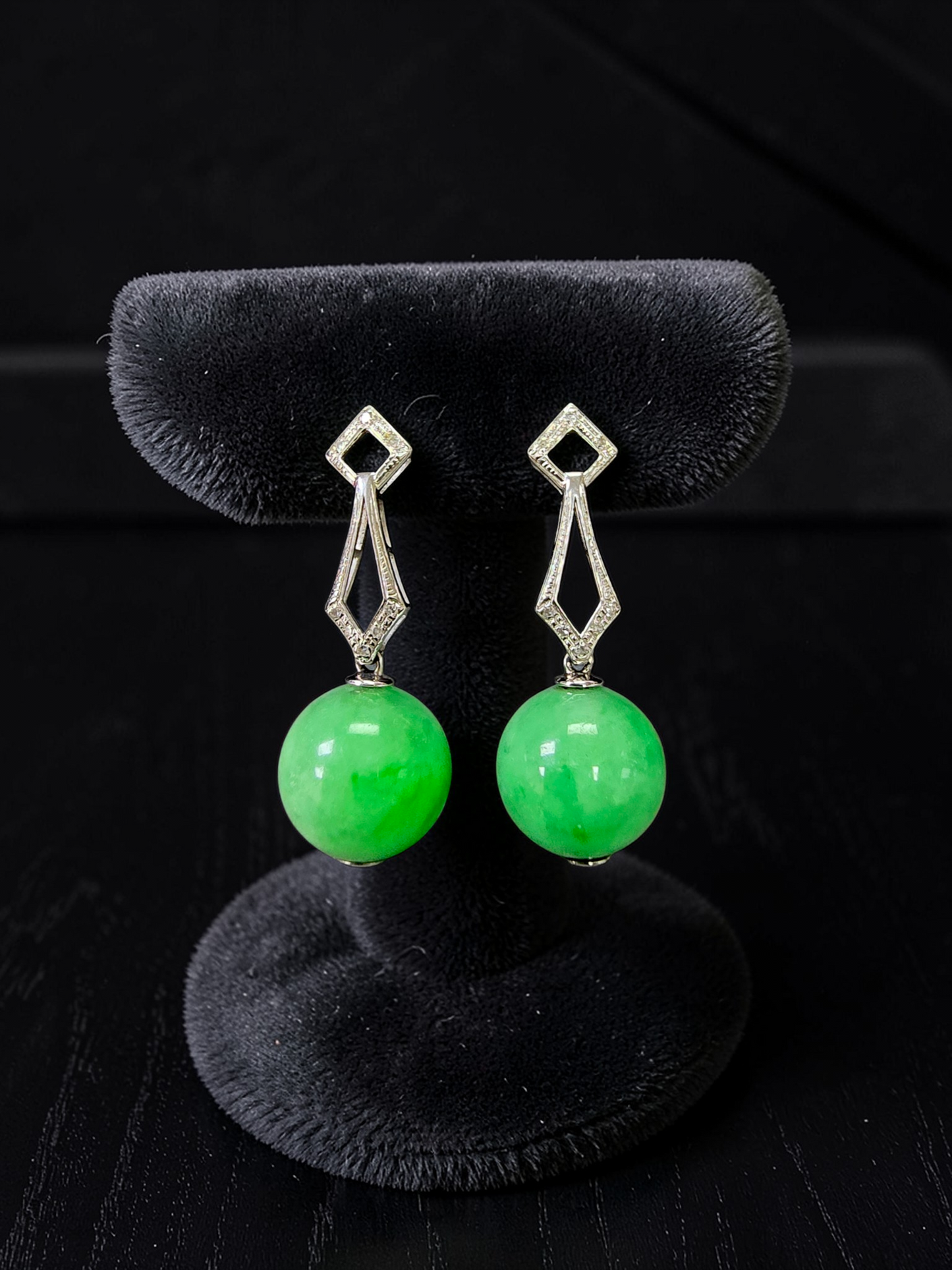 Inazawa 10 mm Dangling Beads Bright Green Burmese A-Jade Earrings (with 18K White Gold and White Diamonds) - Certified