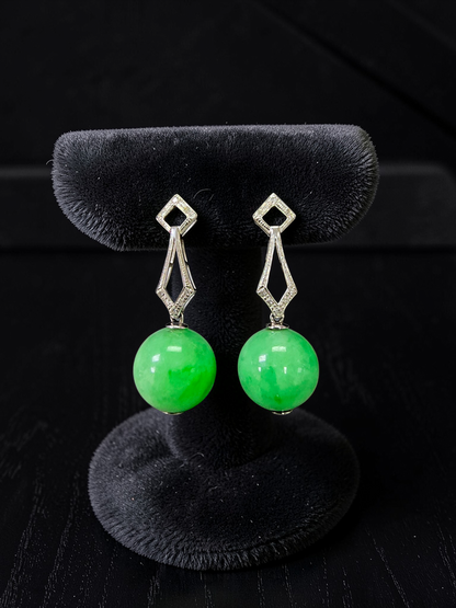 Inazawa 10 mm Dangling Beads Bright Green Burmese A-Jade Earrings (with 18K White Gold and White Diamonds) - Certified